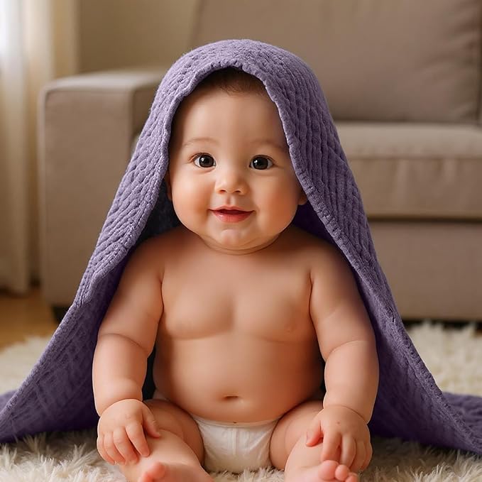 Peryiter 6 Pcs Muslin Hooded Baby Towels, 32x 32'' Cotton Newborn Bath Towel Muslin Infant Baby Blankets Absorbent Unisex Christmas Registry Gift Essentials for Girls Boys (Brown Series)