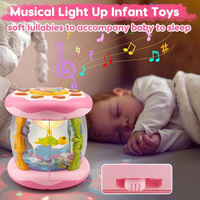 Baby Musical Light Up Toys Tummy Time Ocean Projector Rotating Infant 1 Year Old Toy Baby Aquarium Crawling Pink Toys Babies Girls 1 2 Year Old Birthday Newborn Gifts