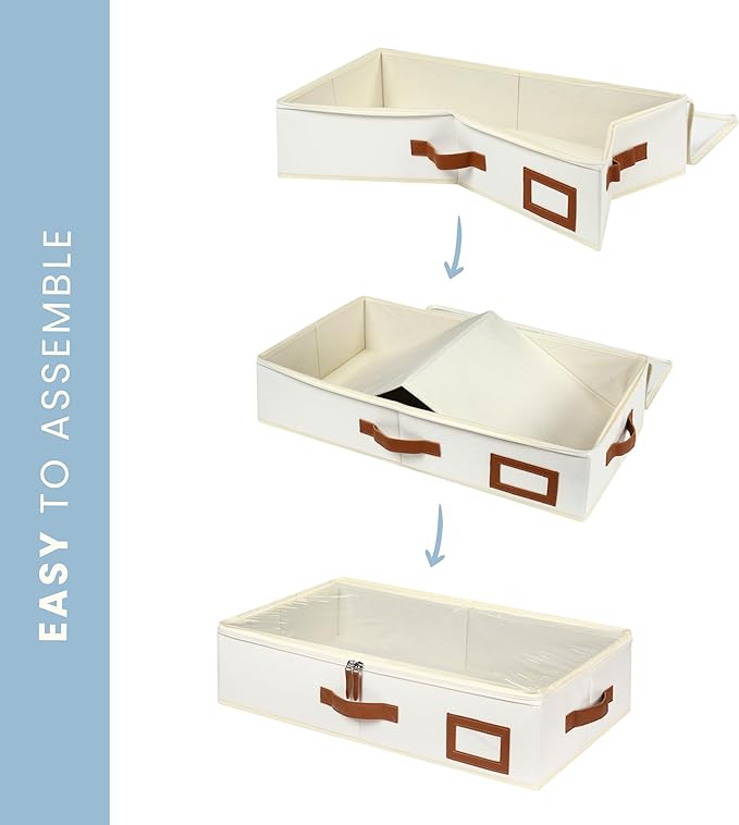 OrganiHaus Under Bed Storage Containers, Bedroom Storage and Organization Bins, Clothes Organizer for Closet with Clear Cover and Reinforced Handles - Set of 2 23.5x12.5x5 inches Off-White