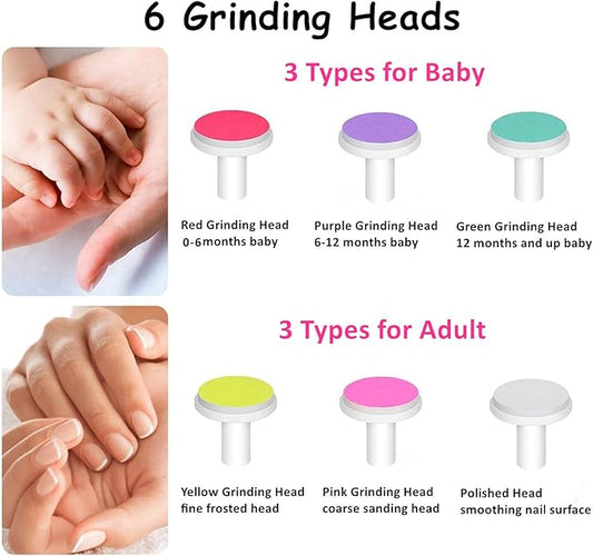 Baby Nail Trimmer Electric, Safe + Easy Baby Nail File, Baby Nail Clippers Nail Trimmer Kit for Newborn Infant Toddler, 6 Grinding Heads, Battery Operated (Battery Not Included)
