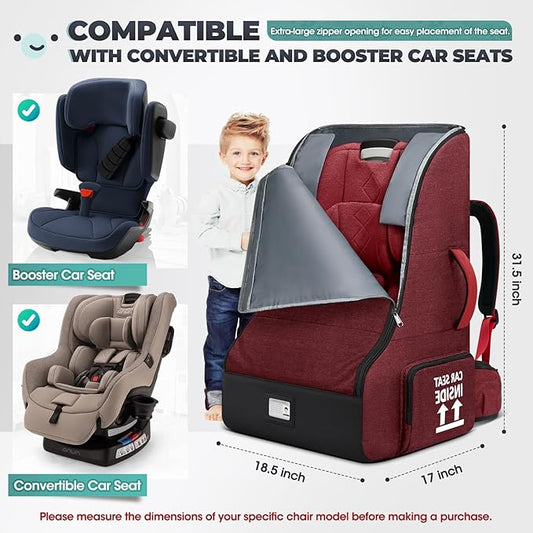 RAINSMORE Padded Car Seat Travel Bag for Airplane Heavy Duty Car Seat Backpack for Air Travel Baby Carseat Cover Bags for Airport Large Car Seats Carrier Fits Car Seats & Booster Seats,Red