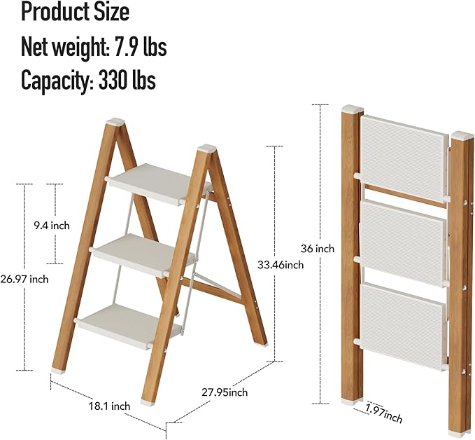 Mayi Plus 3 Step Lightweight Aluminum Folding Ladder, Portable Step Stool with Wide Anti-Slip Pedals, 330 lbs Capacity for Home,Cleaning Tasks(White&Woodgrain)