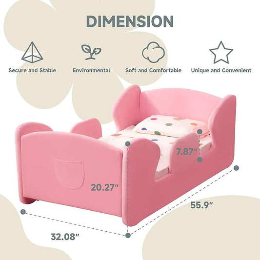 Toddler Floor Bed Frame with Removable Safety Rails and Storage Bag, Kids Bed for Girl and Boys, Standard Crib Size Portable Beds, Safety Upholstered Child Beds, Low to Floor Design