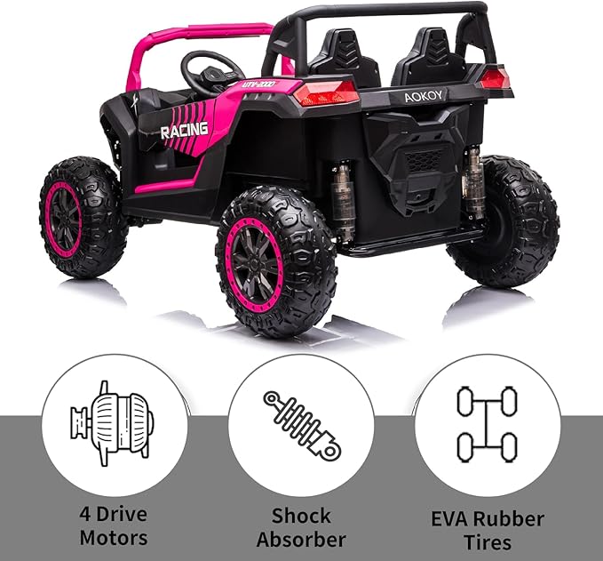 POSTACK XXXL 24V 2 Seater Ride On Car with Remote Control 4WD Ride On Toys for Big Kids 4x4 Battery Powered Electric UTV for Kids 3-12 Year Off Road Truck with LED Lights 3 Speeds Bluetooth, Pink