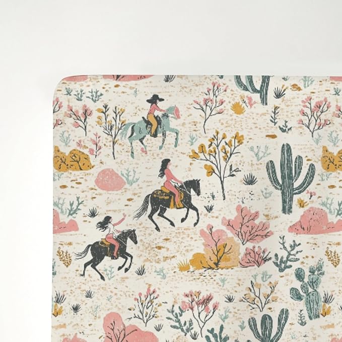 Western Cowgirl Cactus Baby Crib Sheets for Boy Girl 28"x52" Retro Cowgirl Horse Trees Leaves Soft Stretchy Fitted Crib Mattress Cover Wild West Baby Sheet for Standard Crib and Toddler Mattress