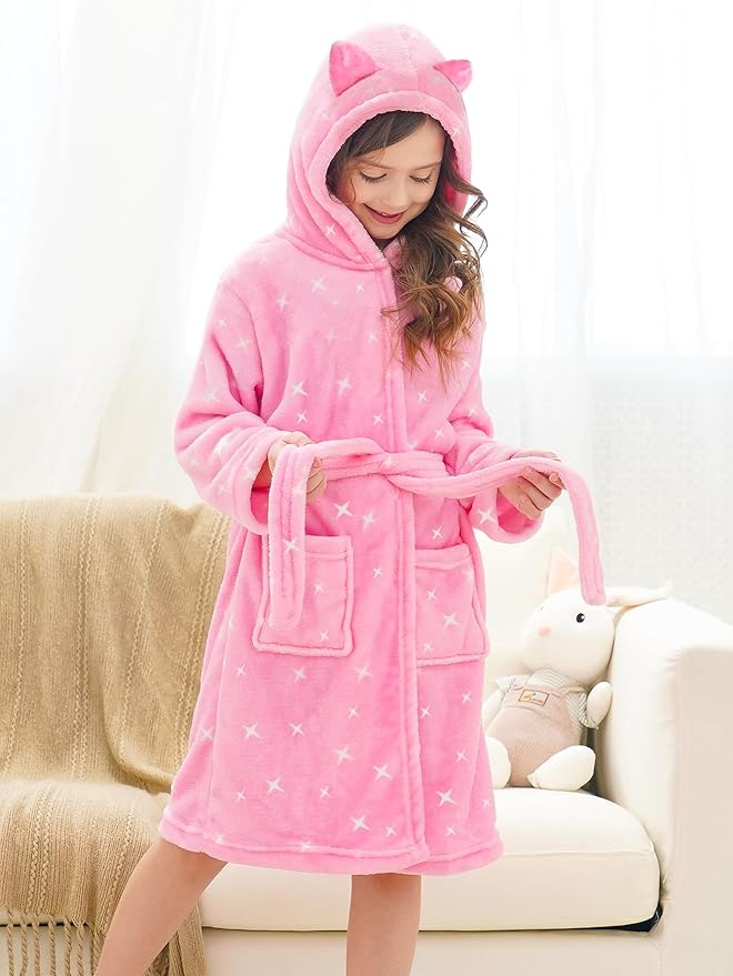 Doctor Unicorn Girls Leopard Cat Robe Kids Fleece Warm Hooded Bathrobe