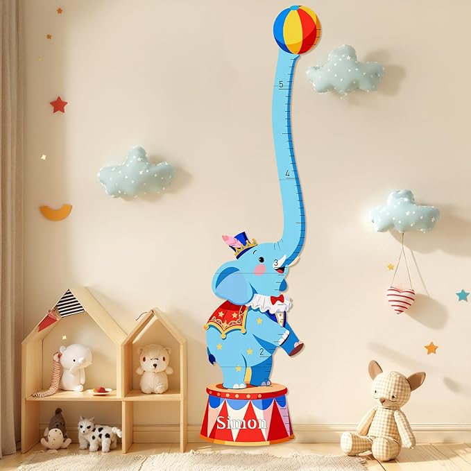 Woodemon Personalized Name Kids Growth Chart Wall, Circus Elephant Wooden Height Chart for Kids, Height Measurement for Wall Kids Room Nursery Wall Decor