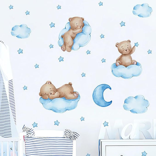 Cute Blue Sleeping Baby Bear Wall Stickers, sacinora Moon and Stars DIY Art Wall Decals Removable Vinyl Peel and Stick for Boys Kids Baby Nursery Bedroom Toddler Room Kindergarten Decorations
