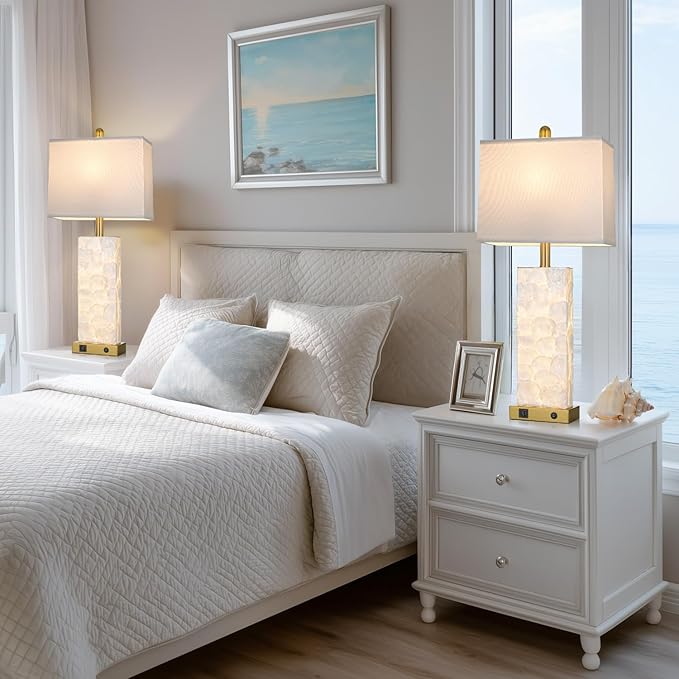luxeflow 28" Coastal Table Lamps for Living Room Set of 2, Bedside Lamps with Night Light, USB A+C Ports, Modern Sea Shell Bedside Night Stands Light for Beachy Cottage Decor (Gold)