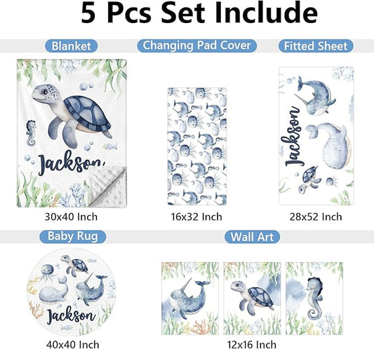 Personalized Baby Crib Bedding Set, 5 Pcs Custom Name Bedding Set, Double Layer Nursery Set, Ocean Animal Crib Set for Girls & Boys, Gift for Toddler & Infant