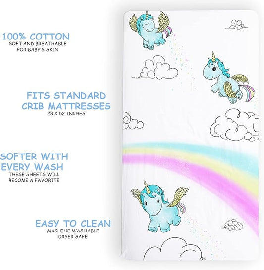 JumpOff Jo - Fitted Crib Sheet, Super Soft Breathable 100% Cotton Baby Crib Sheet for Standard Crib Mattresses and Toddler Beds, 28 in. x 52 in. - Unicorn Pixie Dust