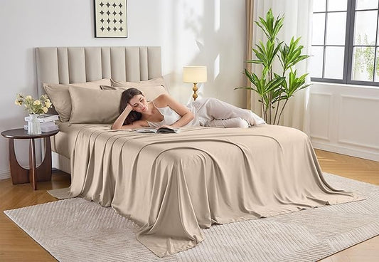Pure Bamboo Twin Sheets, Genuine 100% Organic Viscose Derived from Bamboo Bed Sheet Set, Luxuriously Soft & Cooling, Double Stitching, 2 Year Quality Promise (Twin, Almond)