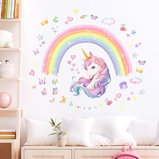 Unicorn Rainbow Wall Stickers, Watercolor Rainbow Stars Wall Decals Peel and Stick Wall Decal Self Adhesive Home Decor for Girls Nursery Kids Room