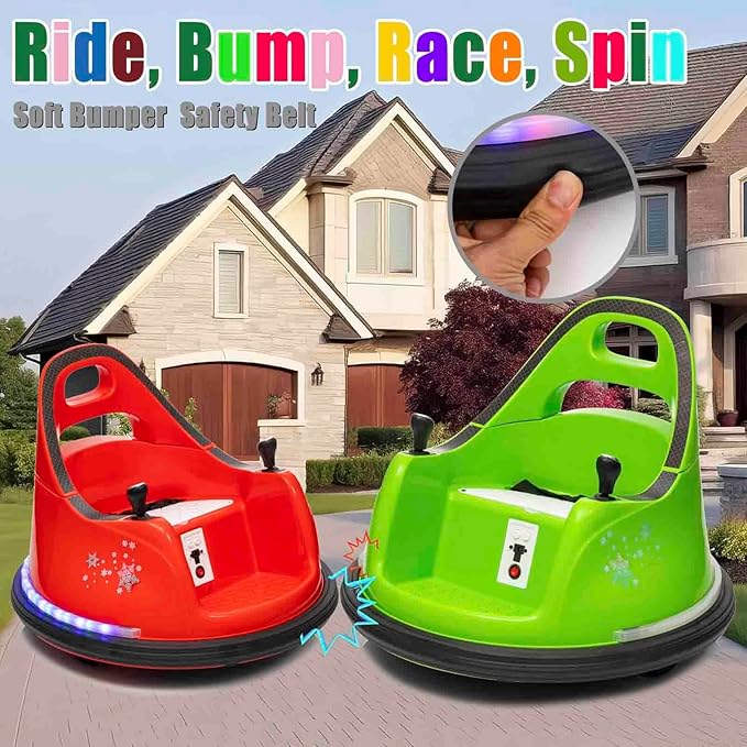 FINITO 12V Ride On Electric Bumper Car for Kids with Remote Control, 360 Degree Spin, LED Lights, Music, Safety Belt for Age 3+ Years Kids, Gift for Boys and Girls, Green