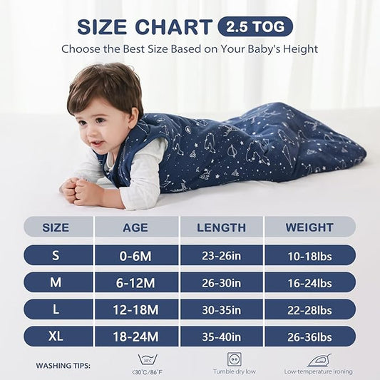 Mosebears Sleep Sack Baby Winter Wearable Blanket with 2-Way Zipper,2.5 TOG Cotton Sleep Sack Unisex(Navy Blue,0-6 Months)