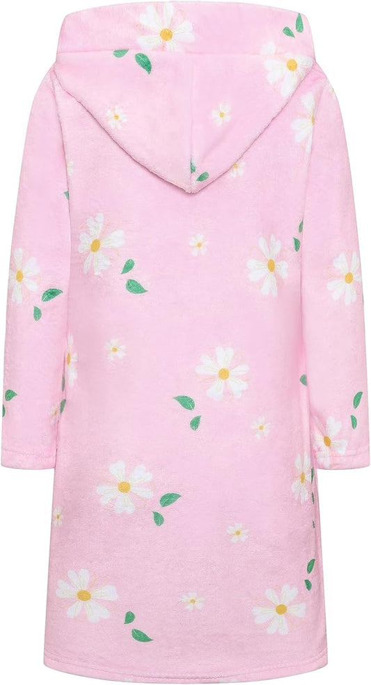 Umeyda Girls Fleece Hooded Robes, Warm Printed Bath Robe for Kids Soft Fuzzy Bathrobe for Gifts