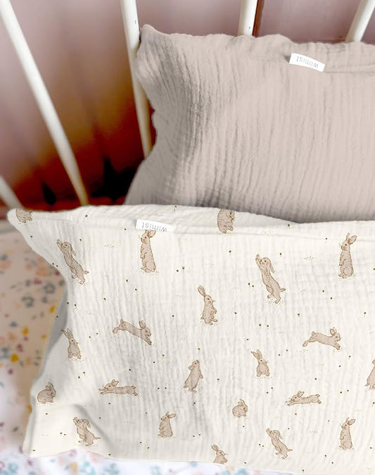 Toddler Pillowcases for 13"x18" Pillow 2 Pack, Muslin Small Toddler Baby Kids Travel Pillow Covers for Boys Girls with Envelope Closure (Rabbit B & Beige, 14 x 20 Inch)