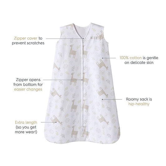 HALO SleepSack, 100% Cotton Wearable Blanket, Swaddle Transition Sleeping Bag, TOG 0.5, Llama Sand, Size Medium, 6-12 Months