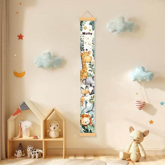Woodemon Personalized Name Baby Growth Height Chart Handing Ruler Wall Decor for Kids, Animals Canvas Removable Height Growth Chart, Nursery Decor, Toddler Kid Room Decoration, Hangable