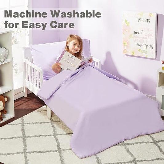 EVERYDAY KIDS 4 Piece Toddler Bedding Set - Includes Comforter, Flat Sheet, Fitted Sheet and Pillowcase - Solid Purple