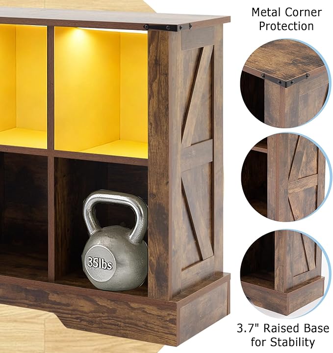 Puntogen 8 Cube Storage Organizer, Wood Cube Bookshelf with LED Lights, Horizontal Storage Cubes, Kids Bookshelf, Display Cabinet Cubby Shelf for Living Room Home Office Bedroom,Brown