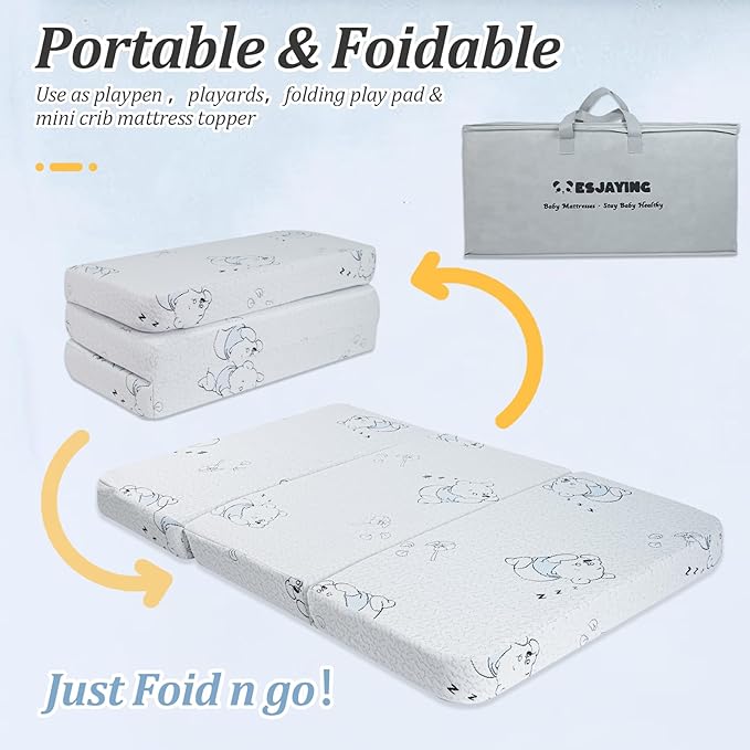 Pack and Play Mattress Pad, 38"x 26" Dual-Sided Trifold Baby Mattress for Pack N Play with Breathable Washable Cover, Portable Memory Foam Pack N Play Mattresses Topper with Travel Carry Bag