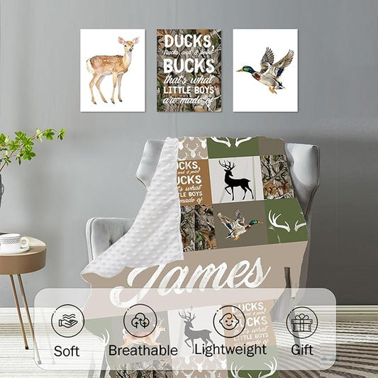 Personalized Baby Crib Bedding Set, 5-Piece Multi-grid Pattern Baby Crib Sets with Custom Name, Toddler Double Layer Blanket Fitted Sheets Changing Pad Cover Rug Wall Art Set, Charming Nursery Decor
