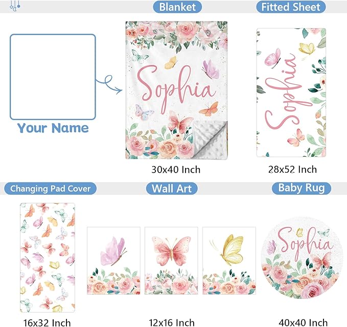 Personalized Crib Set, 5 Pcs Custom Baby Crib Sets with Name, Double Layer Butterfly Nursery Bedding Set for Girls, Soft Flannel Bedding Set, Toddler Infant Customized Gift