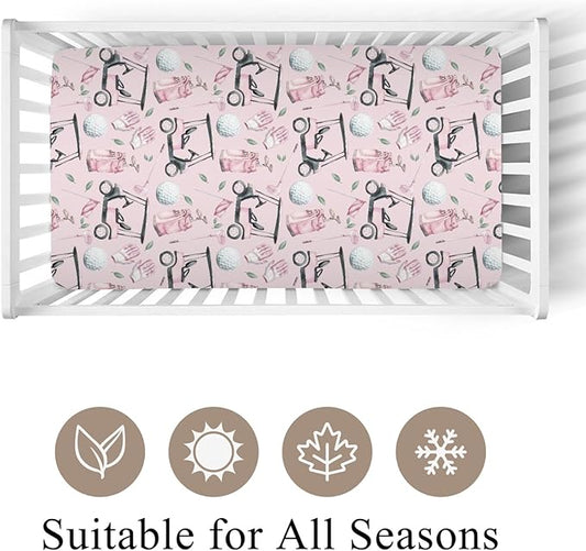 Golf Cart Bag Flag Gloves Pink Fitted Crib Sheet for Baby Girls Boys 52x28Inch Golfing Gear Sports Fitted Crib Sheet Fits Standard Cribs and Toddler Mattresses Golfs Lovers Gift Baby Sheets