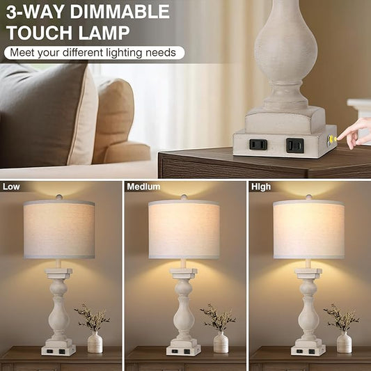MOUVOVO 28" Tall Farmhouse Table Lamps Set of 2 with USB C+A Ports and AC Outlet, 3 Way Touch Tall Rustic Bedside Lamps for Living Room, Cream Vintage Lamps for Bedroom