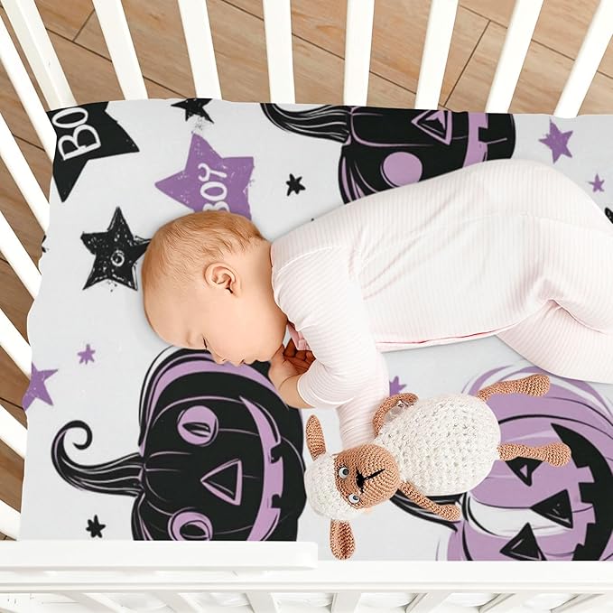 Halloween Spooky Pumpkins Purple Crib Sheets Standard Crib Toddler Mattresses Cover Fitted Baby Bed Sheet Breathable Crib Mattress Sheet for Girls Boys 39''x27''x9''