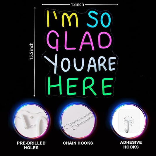 I'm So Glad You Are Here Neon Sign Rainbow Words Dimmable Neon Light for Wall Decor Welcome LED Signs for Classroom USB Powered Colorful Light Up Sign School wedding Kid Room Party Business Wall Art