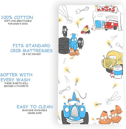 JumpOff Jo - Fitted Crib Sheet, Super Soft 100% Cotton Sheet for Standard Crib Mattresses and Toddler Beds, 28 in. x 52 in., Storytelling Designs - Jo's Garage (White)