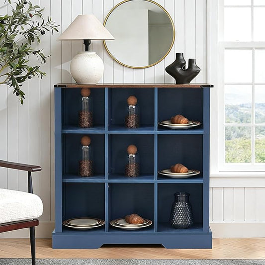 Puntogen 9 Cube Storage Organizer, Wood Cube Bookshelf with LED Lights, Horizontal Storage Cubes, Kids Bookshelf, Display Cabinet Cubby Shelf for Living Room Home Office Bedroom,Navy Blue