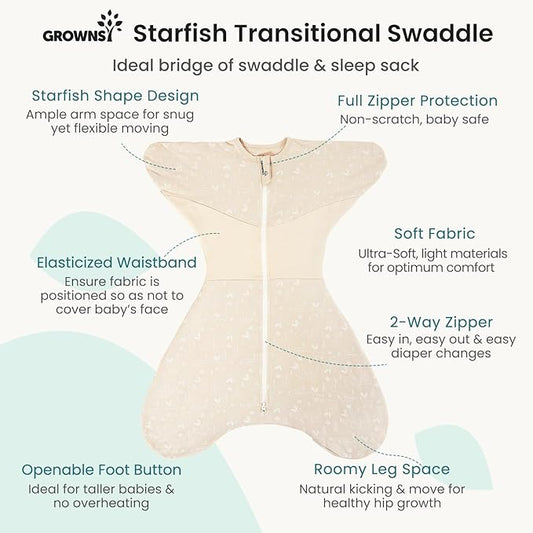GROWNSY Transitional Swaddle Sleep Sack 3-6 Months, Starfish Design Baby Swaddle Sack, Dual-Zipper for Easy Diaper Changes, Proper Hip Development & Openable Foot Button, 12-20lbs, Deer
