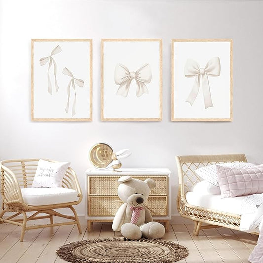 PicturePerfect Decor Bow frame wall art decoration set of 3 pieces beige aesthetic wall art fashion girl bedroom wall decoration beige bow print living room university apartment 16x24 inches