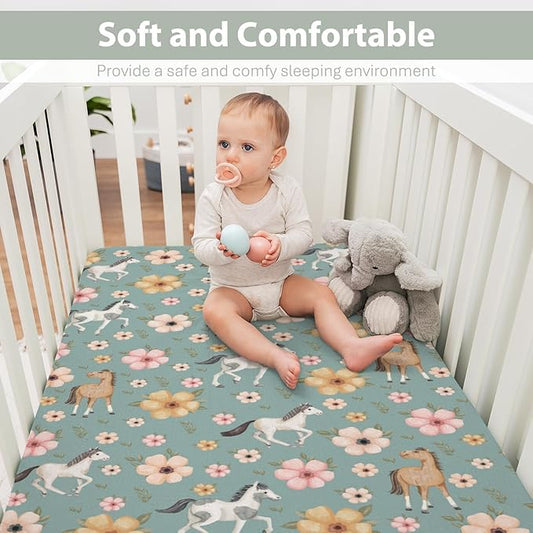 Watercolor Horse Floral Baby Crib Sheets for Boy Girl 52"x28" Running Horses Boho Flowers Soft Snug Fitted Crib Mattress Cover Wild Animals Baby Sheet for Standard Crib & Toddler Bed Mattress Green