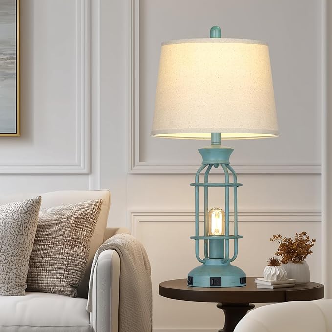 Farmhouse Table lamps for Living Room, 28" Tall Vintage Industrial Table Lamp with USB C+A Ports & Outlet, Rustic Bedside Lamps with 2 Nightlight & Linen Fabric Shade for Nightstand Bedrooms Desk Blue