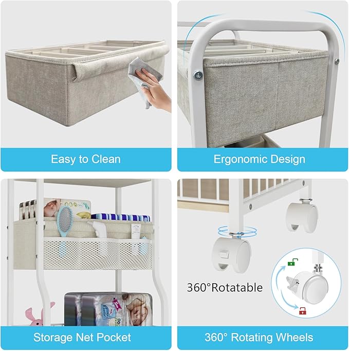NEYCIL 3-tier Baby Diaper Caddy Organizer and Storage Cart with 4+3 Dividers, Metal Utility Cart with Lockable Wheels for Nursery, Bedroom, Bathroom, White