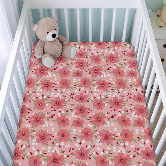 Love Blooms Fitted Baby Crib Sheets for Boy Girl 52"x28" Red Heart Blossoms Soft Breathable Stretchy Crib Mattress Covers Spring Floral Baby Sheets for Standard Crib and Toddler Bed Mattresses