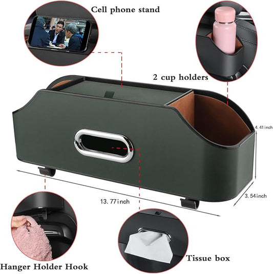 HALOYIVGO Car Seat Back Organizer - Stylish & Functional Storage for Family Adventures - Cup Holders, Tissue Box & Hooks - Perfect for Kids, Road Trips & Travel (Emeralds)