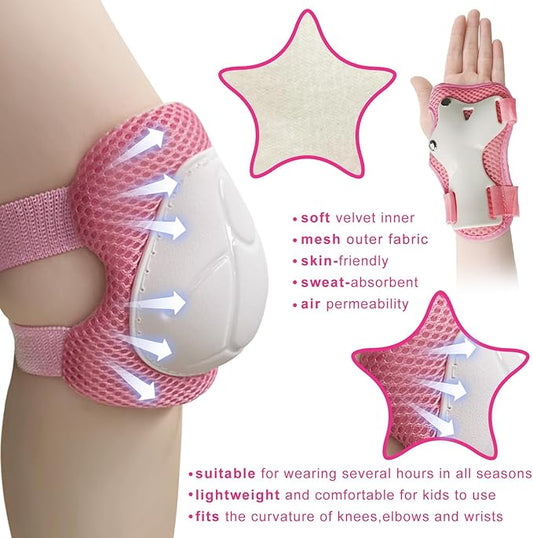 SISIGAD Kids Protective Gear Set, Strap Adjustable Knee Pads and Elbow Pads Wrist Guard 6 in 1, Suitable for Scooter, Skateboarding, Cycling, Skating