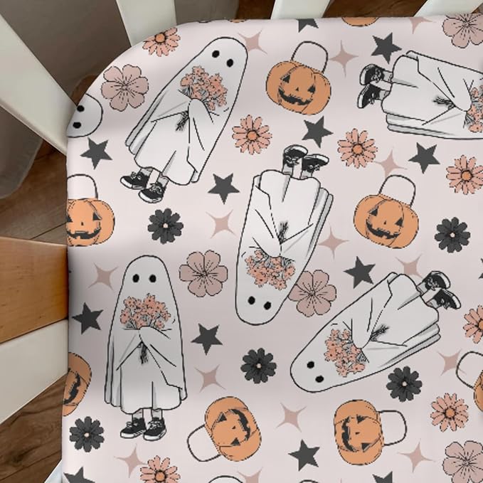 Boho Floral Halloween Pumpkin Spooky Baby Crib Sheets Sweet Gothic Soft Baby Sheets Spooky Season Fitted Crib Mattress Cover for Standard Crib and Toddler Mattress 52"x28"