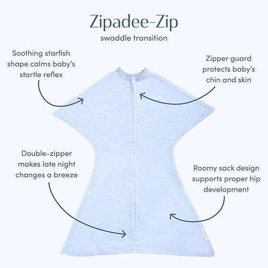 SleepingBaby Zipadee-Zip Transition Swaddle - Cozy Baby Swaddling Blanket with Zipper Convenience - Roomy Wearable Blanket for Easy Diaper Changes - 4-8 Month - Baseline Blue Heather