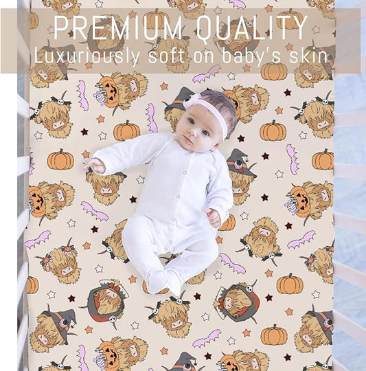 Highland Cow Halloween Baby Crib Sheets for Boy Girl Western Cowboy Fall Pumpkin Bats Soft Snug Fitted Crib Mattress Covers for 52''x28'' Standard Crib & Toddler Mattress Spooky Farm Animal Bed Sheet
