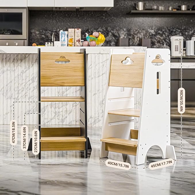 COSYLAND Toddler Standing Tower Adjustable Height - Super Stable Toddler Kitchen Stool Helper - 3 Levels Adjustable Wooden Kids Kitchen Stool (Natural & White)