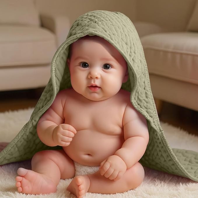 Peryiter 4 Pcs Muslin Hooded Baby Towels, 32x 32'' Cotton Newborn Bath Towel Muslin Infant Baby Blankets Absorbent Unisex Christmas Registry Gift Essentials for Girls Boys (Green Series)