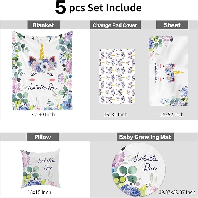 Custom Nursery Crib Bedding Set: Personalized Nursery Decor Baby Blanket Fitted Crib Sheet Changing Pad Cover Baby Room Rug Horn Leaves Pattern Gift Idea(Fixed Size)