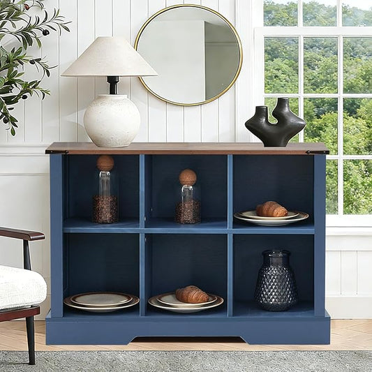 Puntogen 6 Cube Storage Organizer, Wood Cube Bookshelf with LED Lights, Horizontal Storage Cubes, Kids Bookshelf, Display Cabinet Cubby Shelf for Living Room Home Office Bedroom,Navy Blue