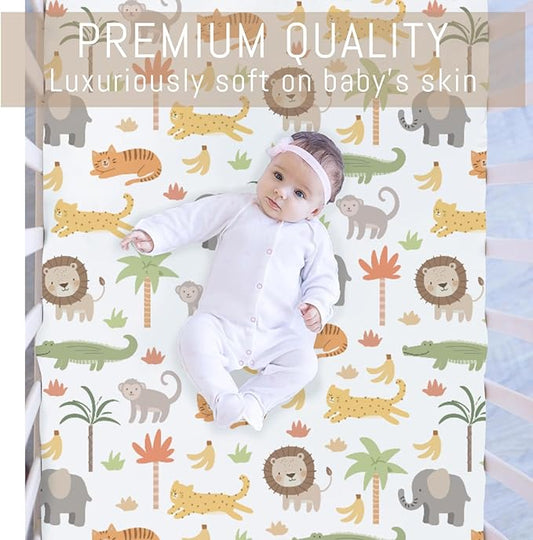 Jungle Safari Animal Baby Crib Sheets for Boys Girls Cute Lion Leopard Elephant Monkey Soft Snug Fitted Crib Mattress Covers for 52''x28'' Standard Crib & Toddler Mattress Safari Adventure Bed Sheets